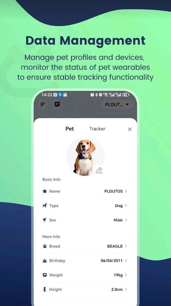 Pet tracking app screen showing profile details such as breed, weight, and device status for data management.
