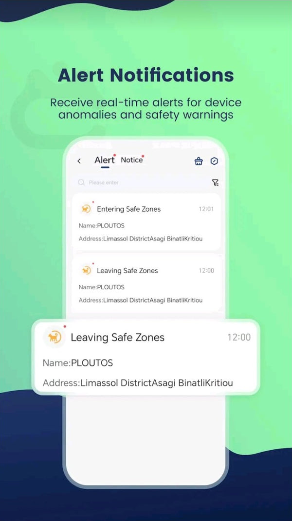 Mobile pet tracking app showing real-time safe zone alerts and notification history.