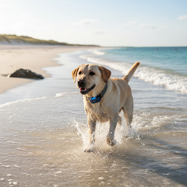 Dog wearing a waterproof GPS tracker running through shallow waves on a beach, active and playful.
