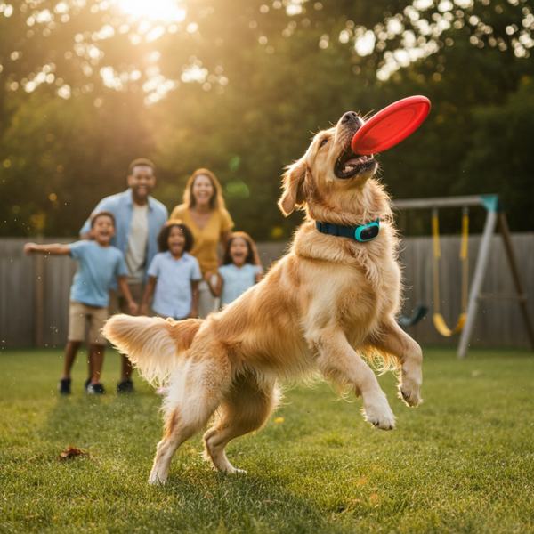 Golden retriever playing fetch with a frisbee in a backyard while wearing a teal dog collar, family watching in the background.
