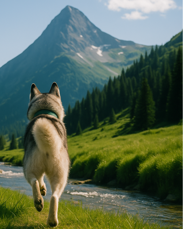 Husky wearing a GPS dog tracking collar running in a mountain landscape, showcasing real-time pet location tracking for outdoor adventures.