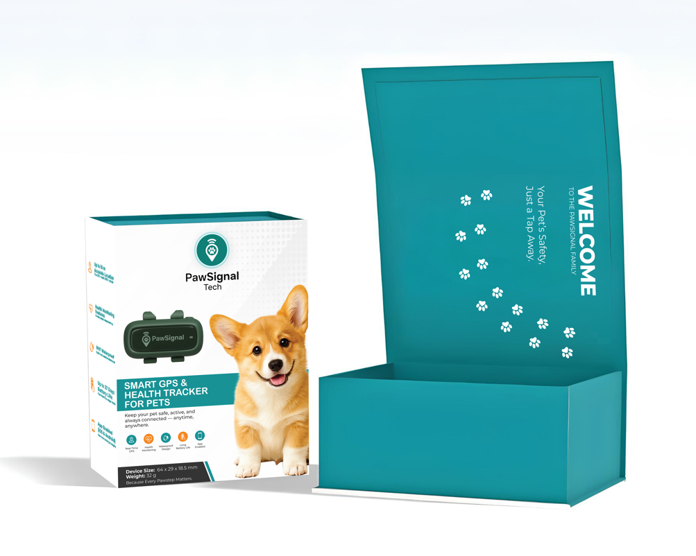 PawSignal pet GPS tracker packaging displayed beside an open branded teal box, showing premium unboxing and product presentation.