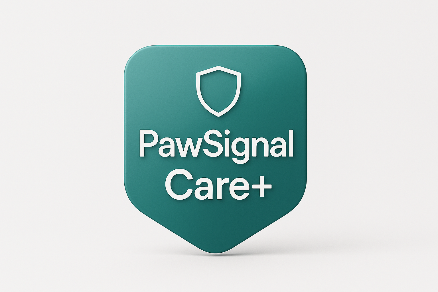 A sleek floating badge reading “PawSignal Care+” Soft teal gradient background (#0E7C74 tones) Shield icon 