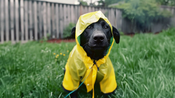 Black dog in a yellow rain jacket sitting in wet grass during rainfall, representing outdoor weather protection for pets.