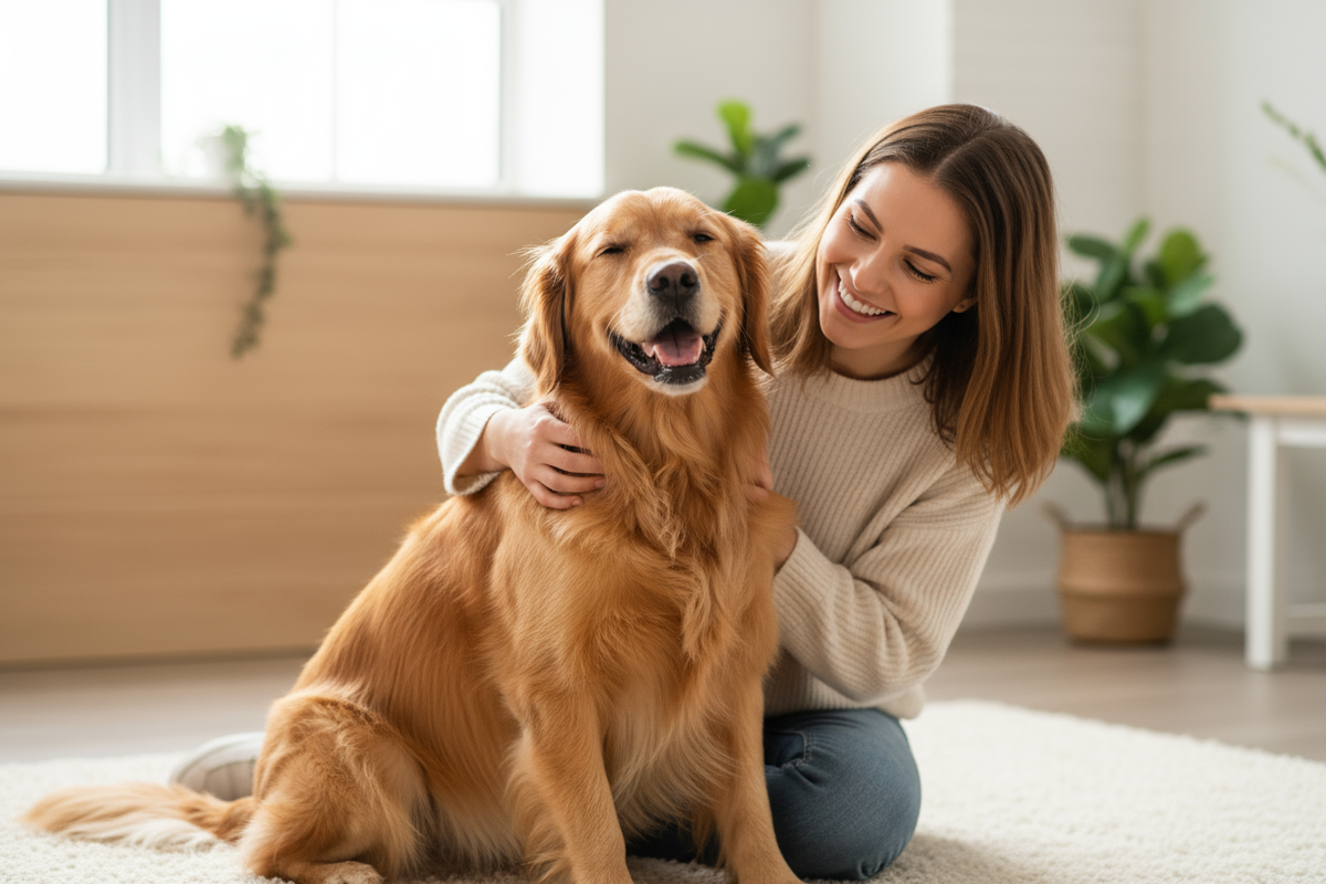 Woman smiling and hugging a happy golden retriever at home, showing a loving bond between pet and owner.