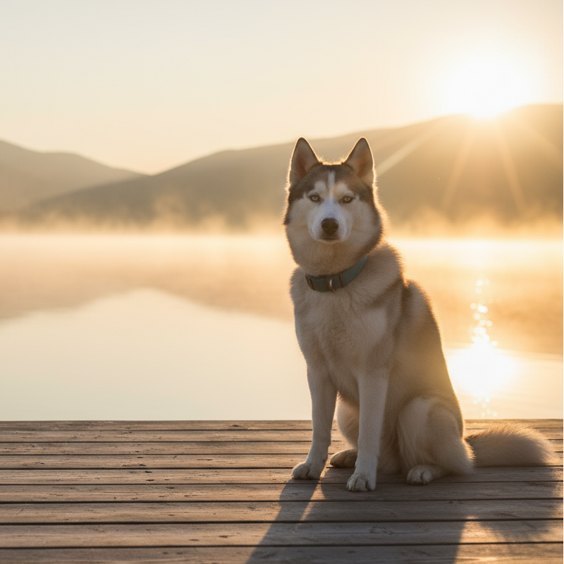 Photorealistic morning scene: a Husky sitting beside a wooden cabin deck overlooking a lake with light mist. Teal collar, warm golden sunrise tones, calm reflection on water. Natural lens flare, smooth shallow depth, negative space for overlay text.
dog on the right side of image