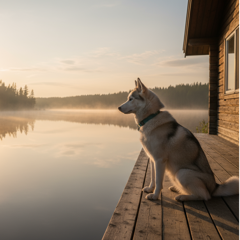 Photorealistic morning scene: a Husky sitting beside a wooden cabin deck overlooking a lake with light mist. Teal collar, warm golden sunrise tones, calm reflection on water. Natural lens flare, smooth shallow depth, negative space for overlay text.
5:3 ratio 