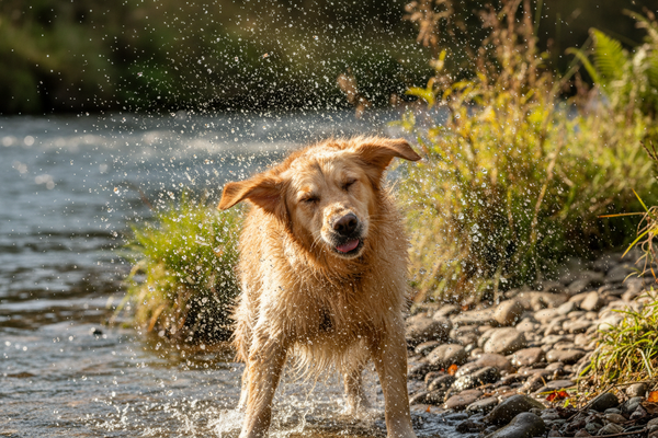Ultra-realistic high-speed photo of a golden retriever shaking water from its wet fur by a natural riverbank. Water droplets frozen mid-air with natural randomness, detailed fur texture, subtle motion blur, natural outdoor light, shallow depth of field, candid documentary-style photography, no CGI or studio look, authentic color grading, shot on a DSLR with fast shutter speed.