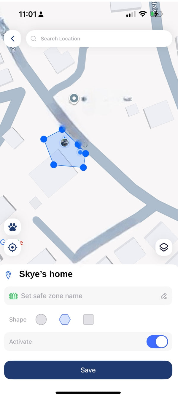 Pet tracking app interface showing a customizable safe zone on a map with adjustable geofence points.