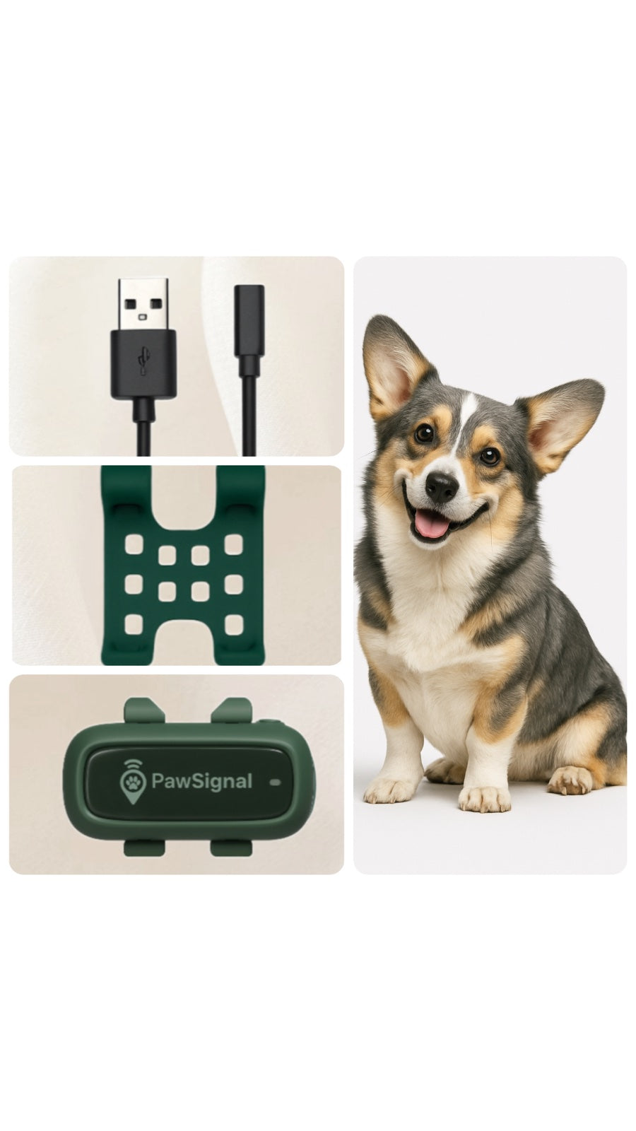 Pet GPS tracker set including charging cable, silicone holder, and a dog wearing the device.