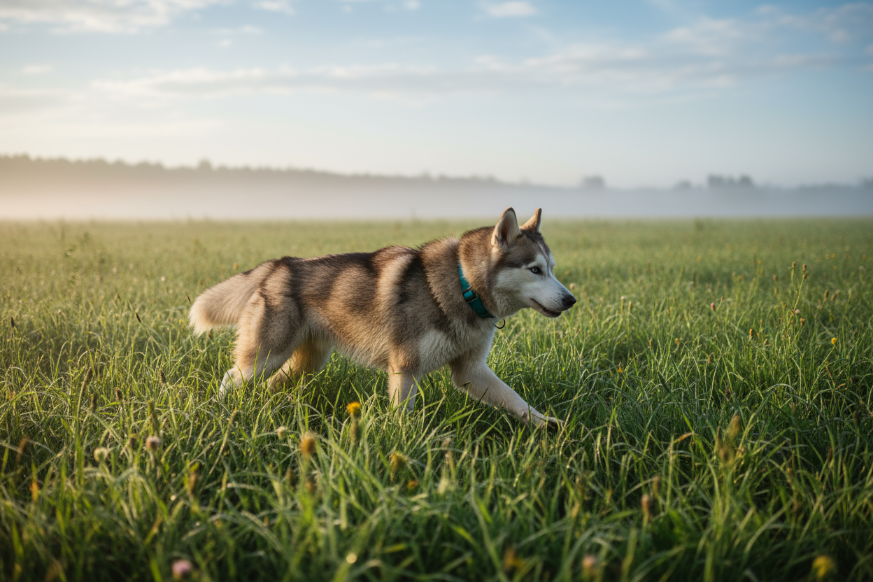 Husky dog wearing a teal GPS pet tracker walking in a grassy field at sunrise, outdoor tracking and safety.
